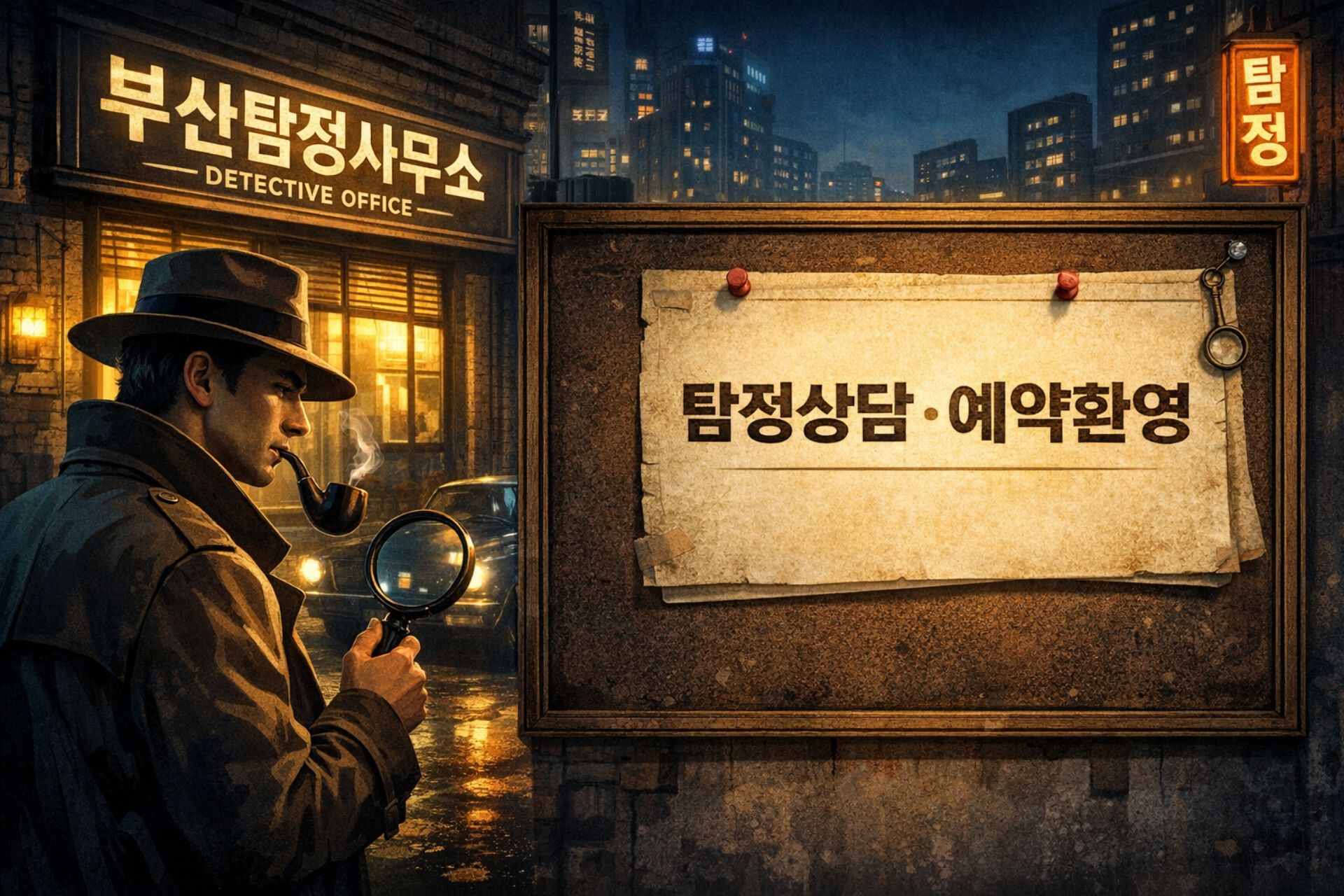 부산탐정사무소 외부 전경과 탐정상담 예약환영 안내 문구가 있는 이미지