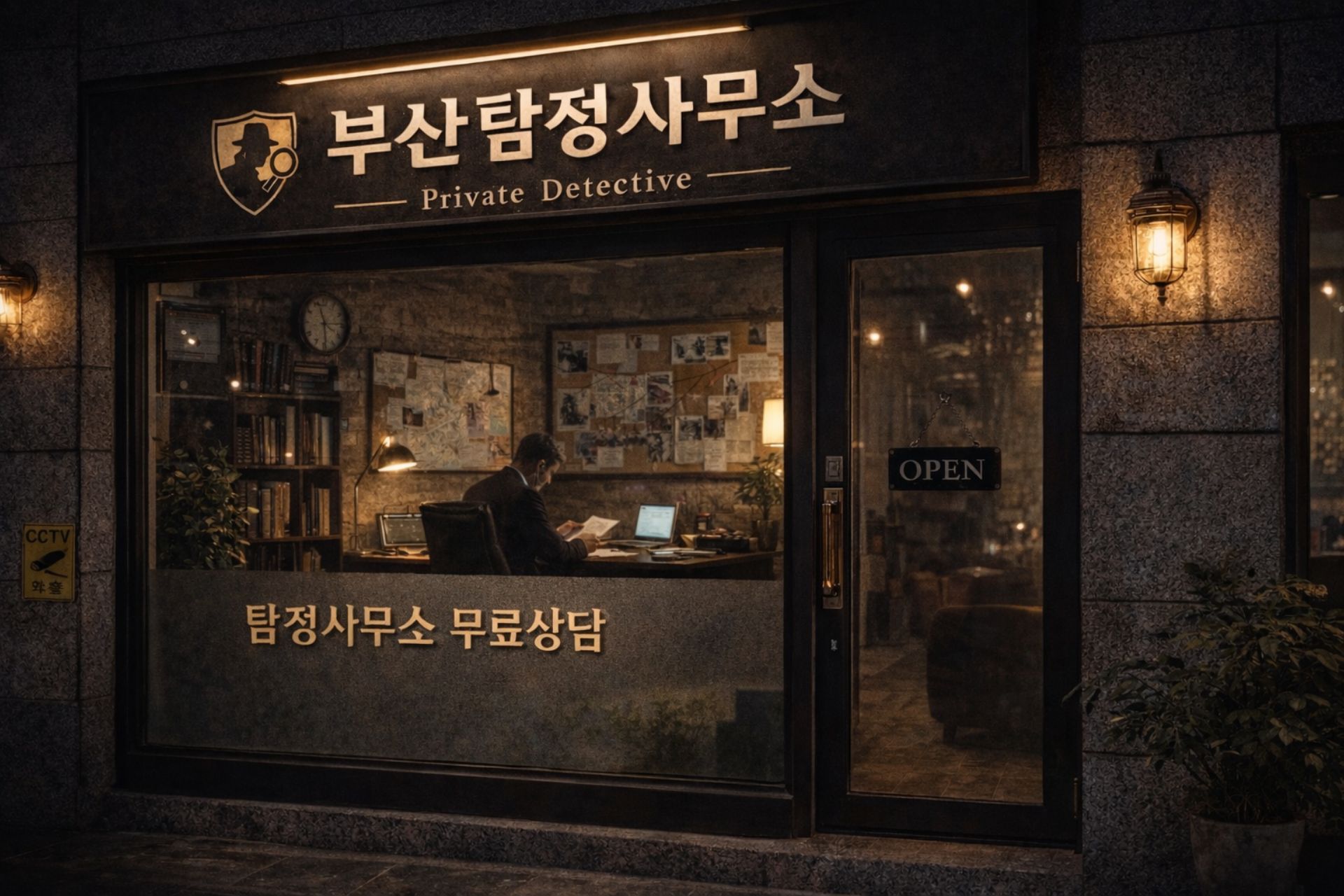 부산탐정사무소 외관과 무료상담 안내 문구가 보이는 야간 탐정사무소 이미지