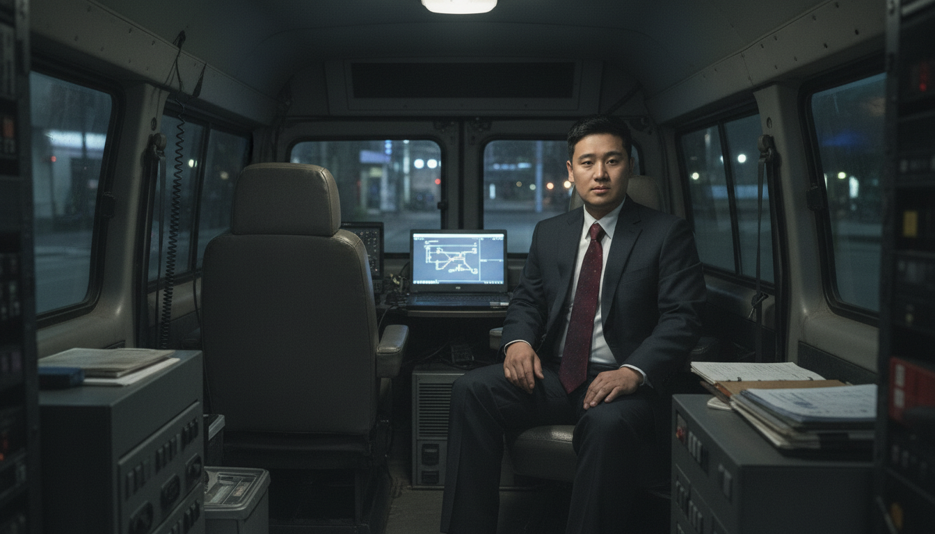 차량에 앉아 정면을 쳐다보고 있는 고탐정 