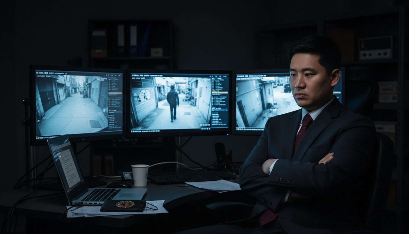 사무실에 앉아 영상 자료를 확인하고 있는 고탐정 
