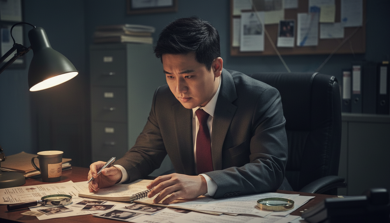 조사보고서를 작성하고 있는 고탐정 