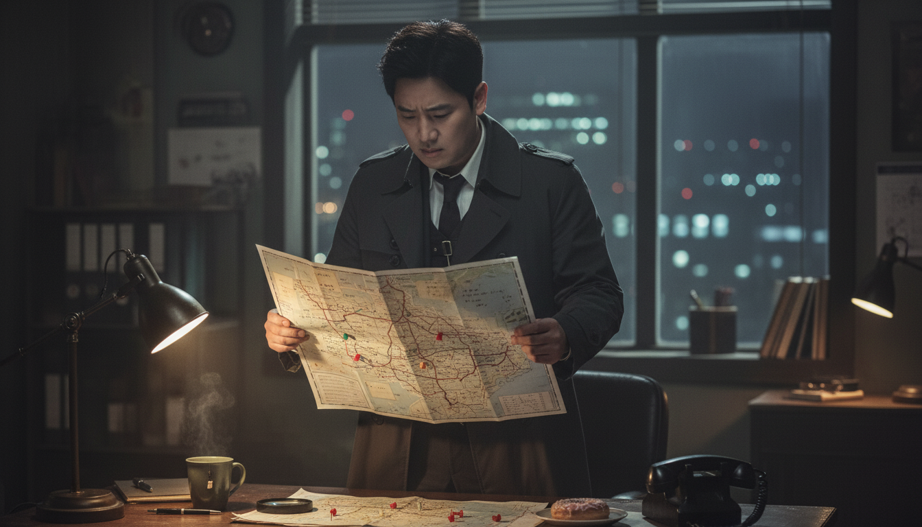 사무실에서 지도를 보고 있는 고탐정 