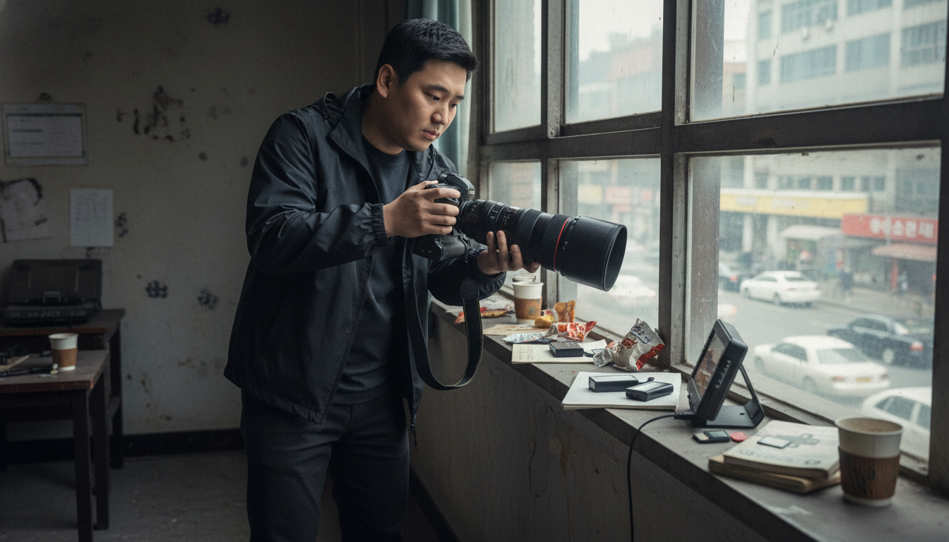 창가에 서서 사진을 찍으려고 하는 고탐정 