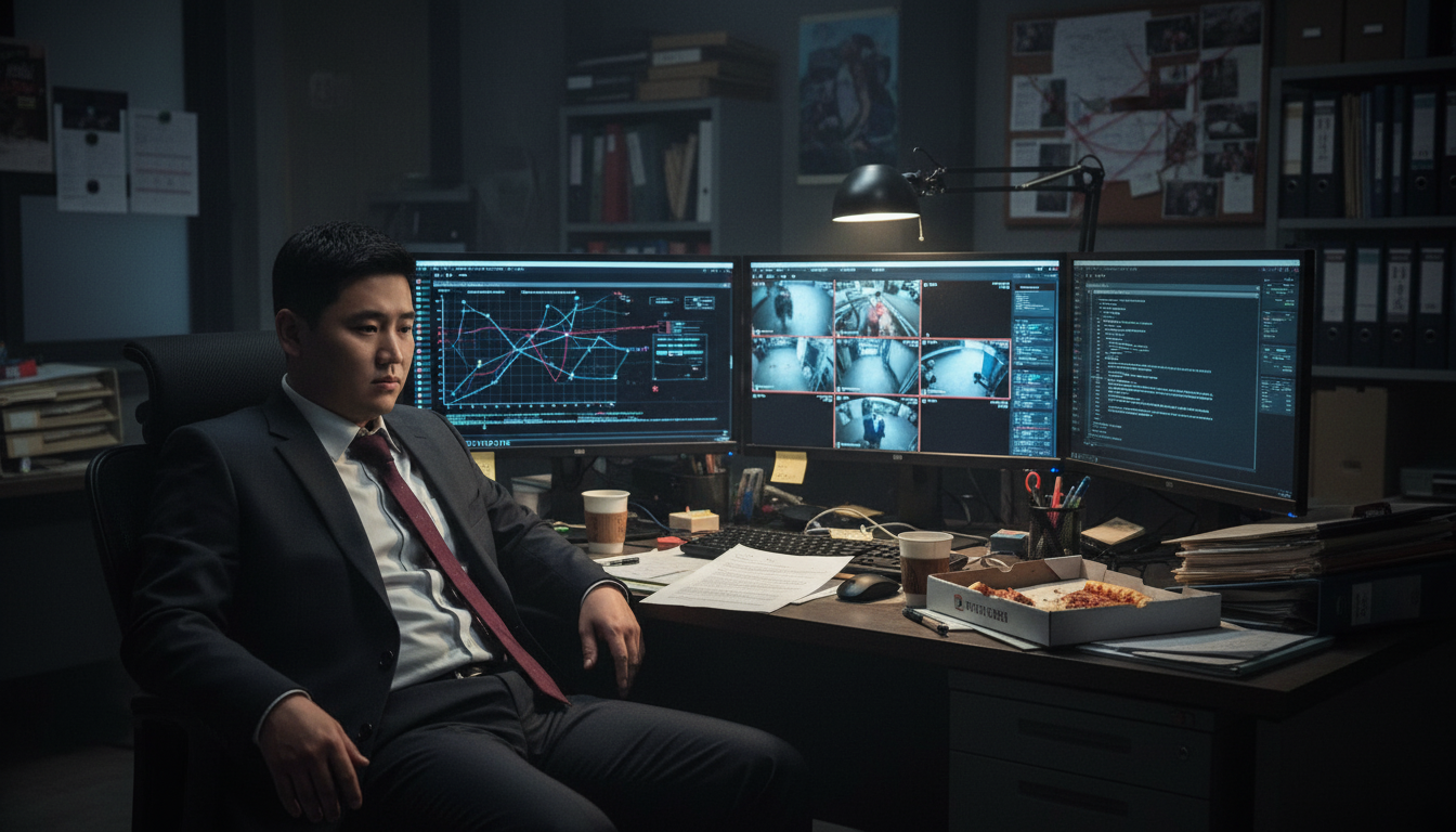 탐정사무소에 앉아 생각중인 고탐정 