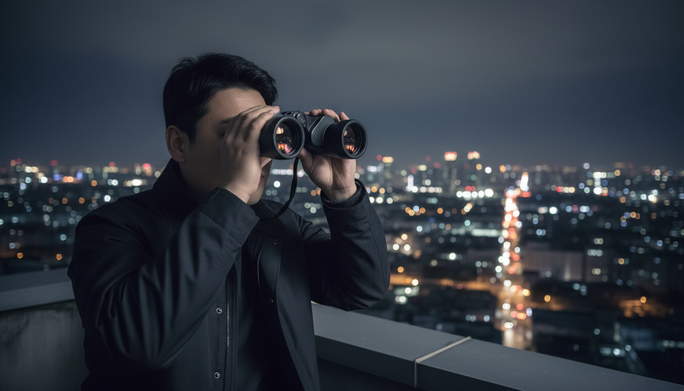 망원경으로 거리를 살피는 고탐정 