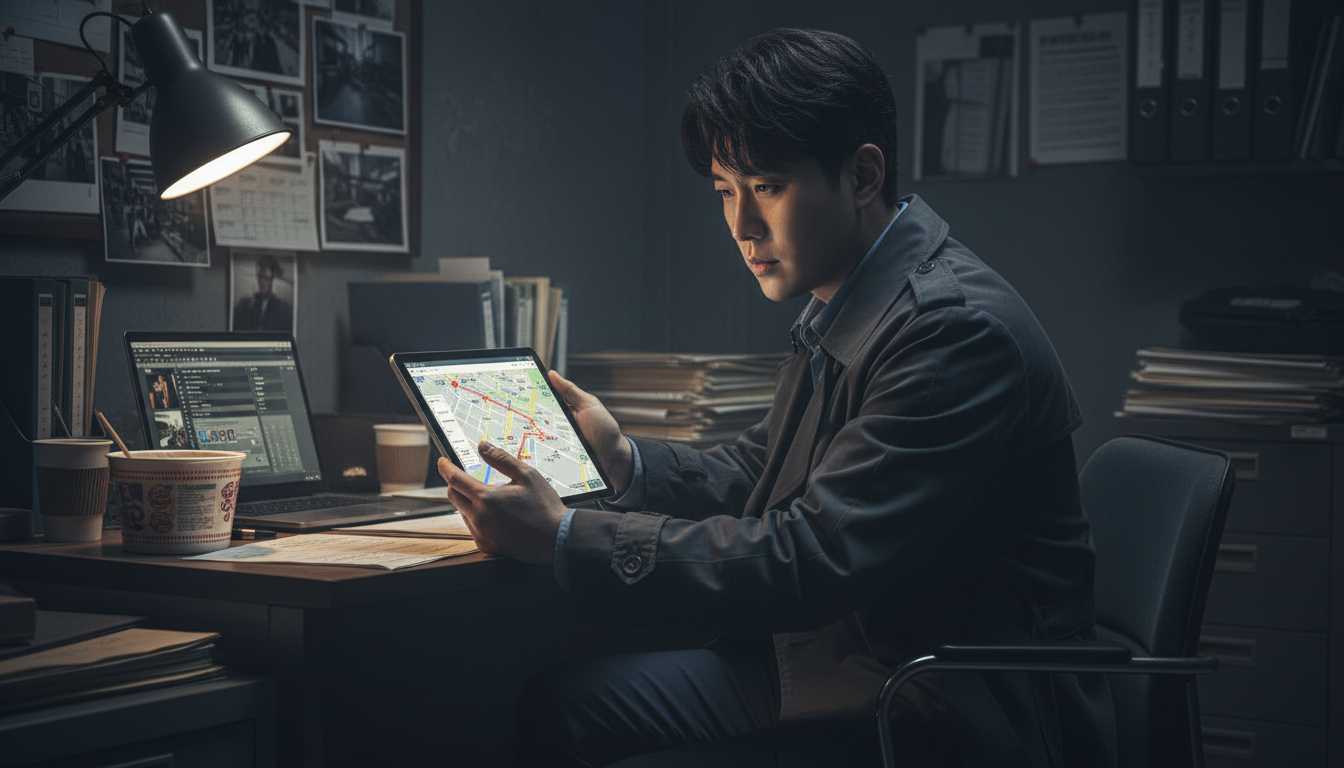 탐정사무소에 앉아 노트북 패드를 보며 고민하는 고탐정 