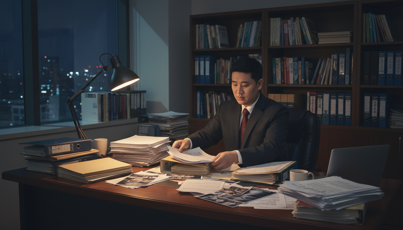 테이블위에 증거수집한 자료들이 놓여있고 정리하는 모습 