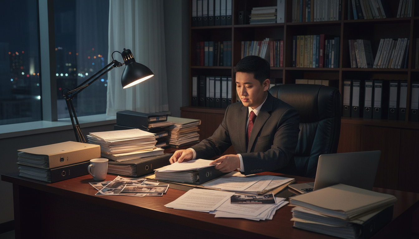 책상위 자료를 정리하고 있는 고탐정 