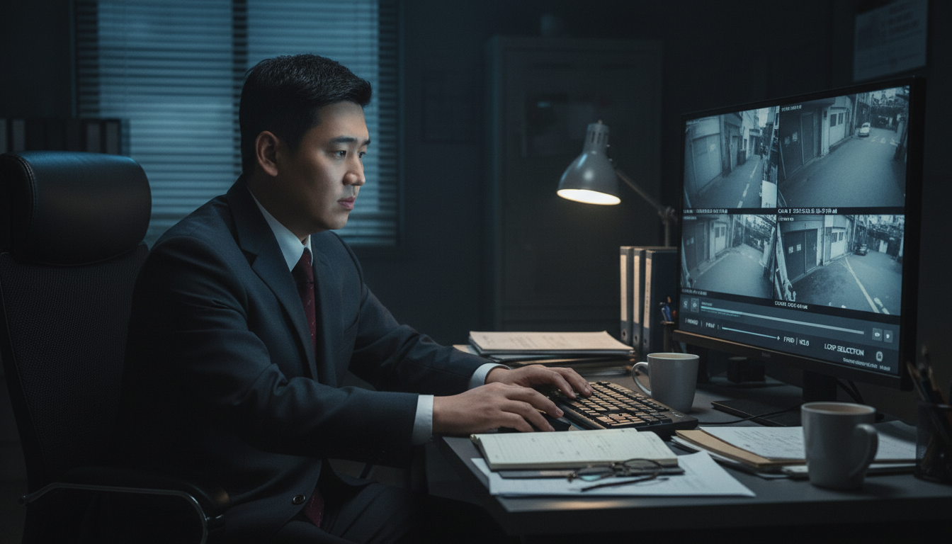 사무실에 앉아 핸드폰을 보며 생각에 잠긴 고탐정 