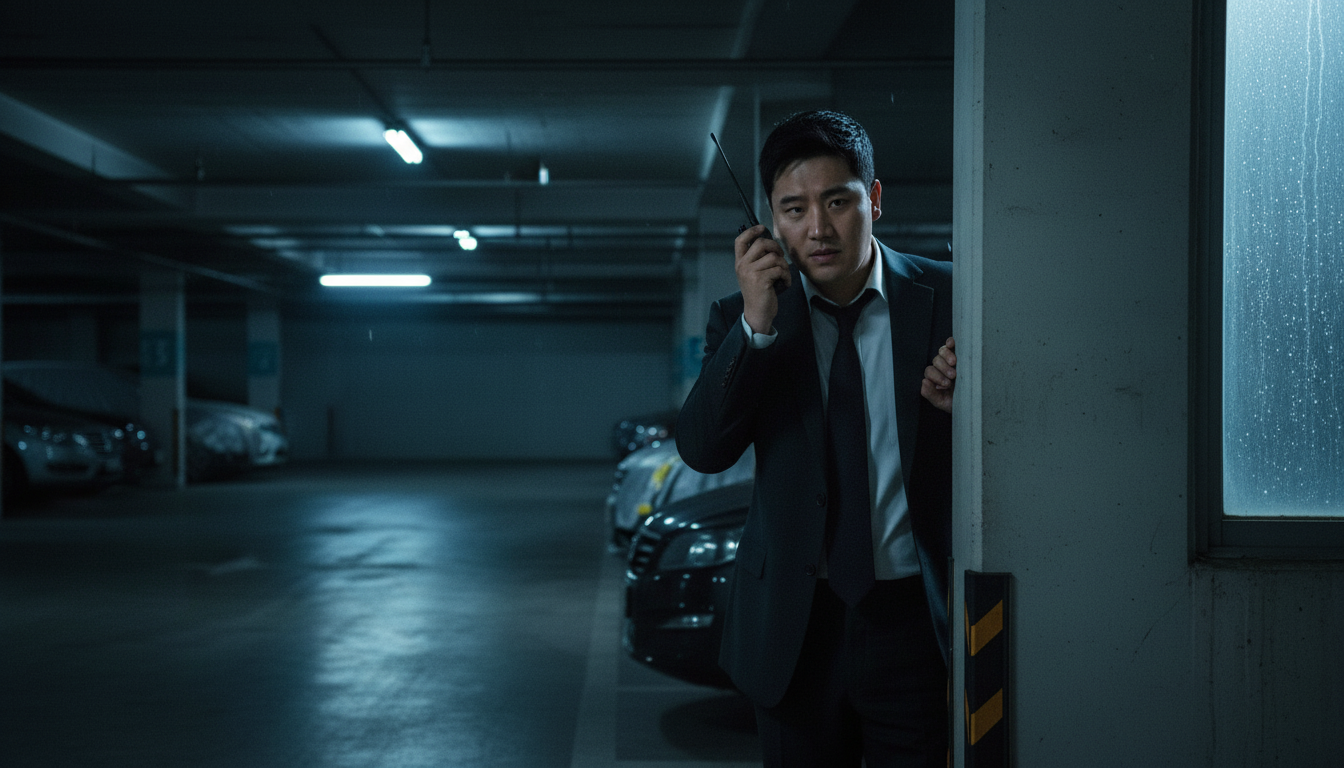 주차장에서 차량을 확인하고 있는 고탐정