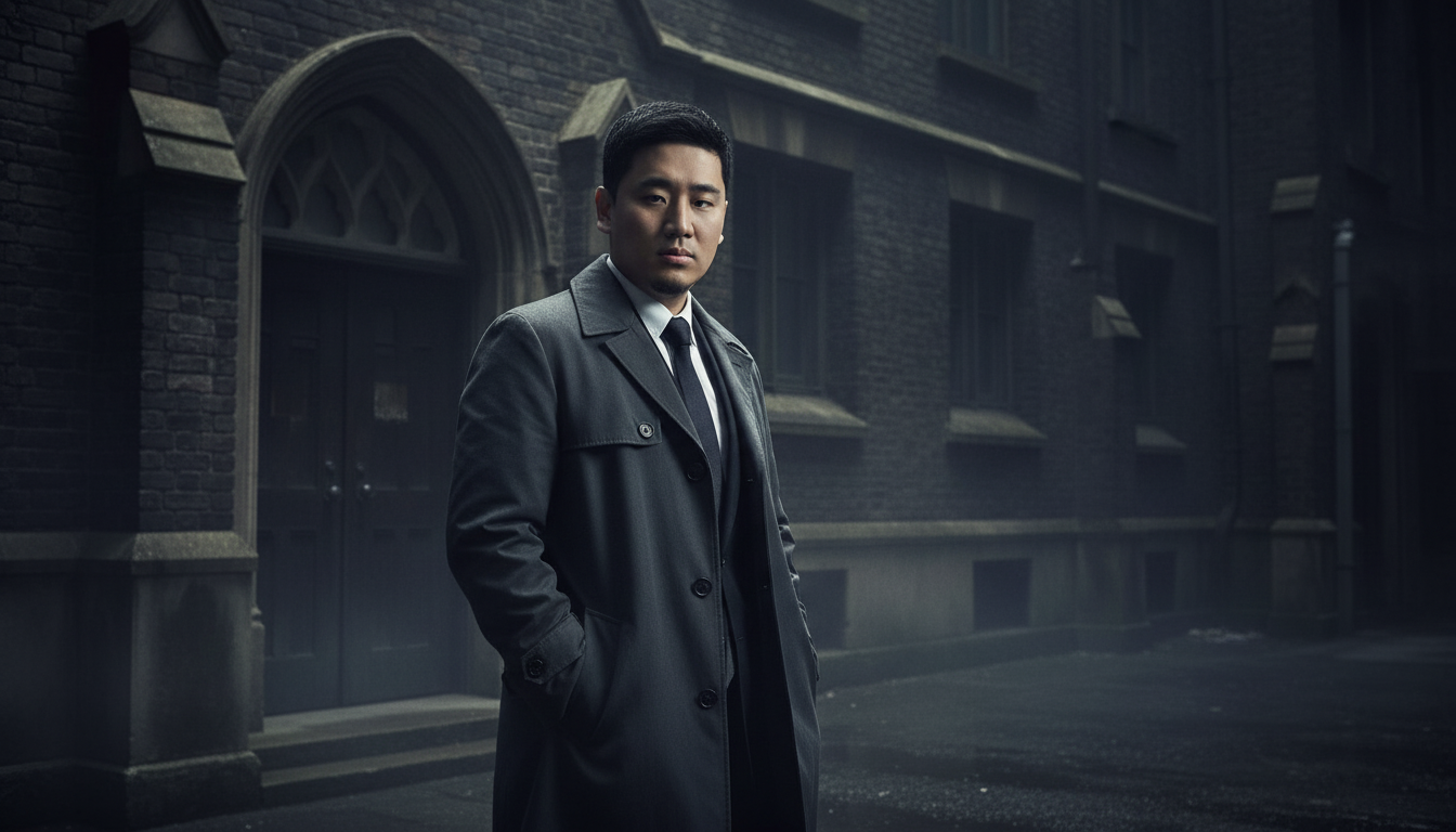 길가에 서서 정면을 바라보고 있는 고탐정 