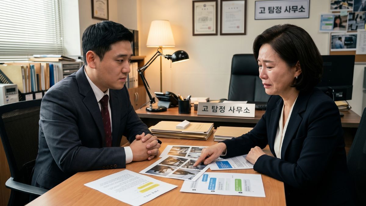 수집된 증거자료를 보고 울고있는 여자 의뢰인과 앞에 앉은 고탐정 