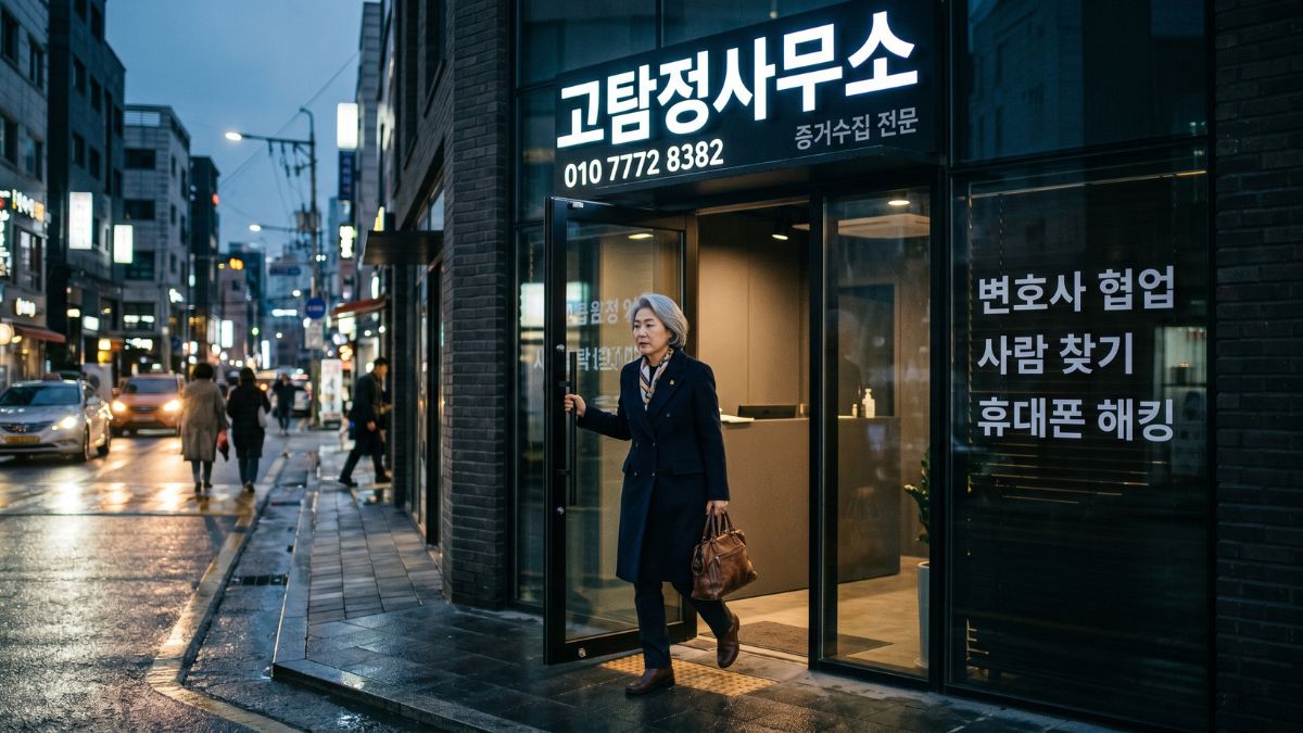 고탐정사무소에서 의뢰하고 나오는 여자 