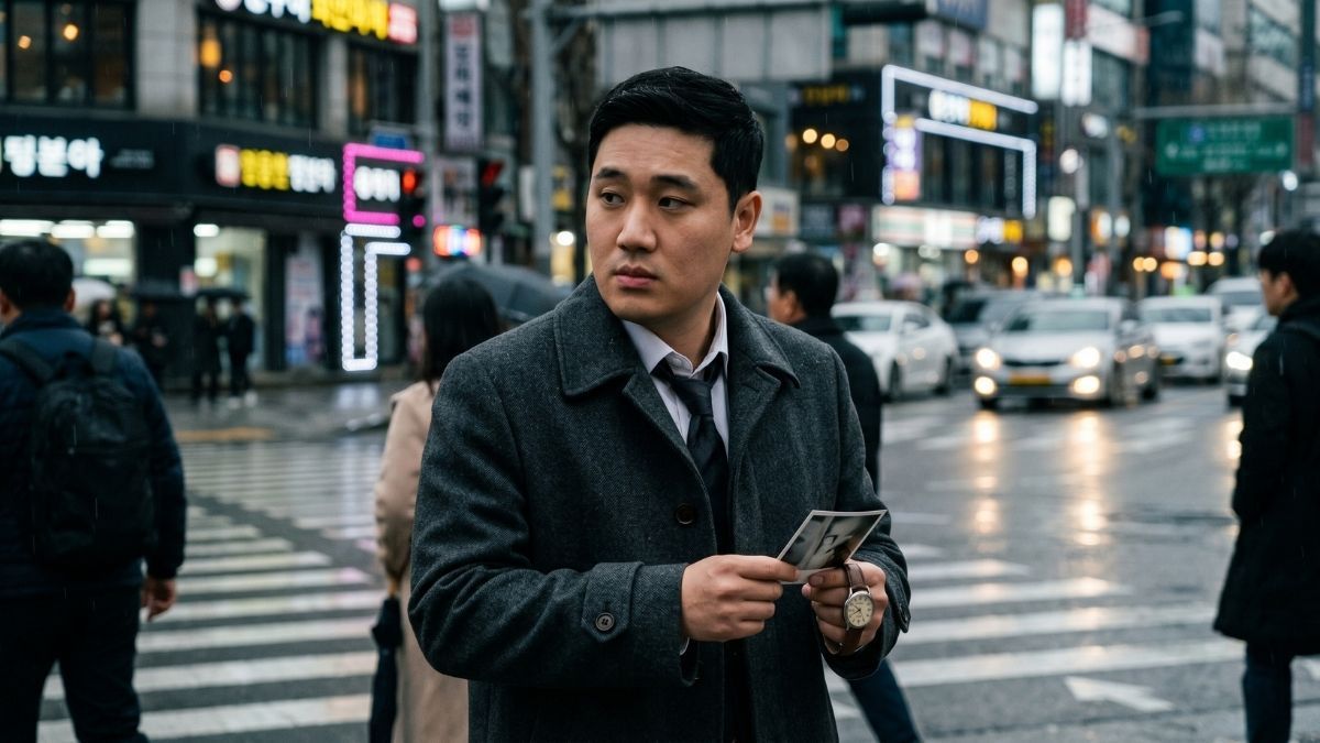 거리를 걸으며 임무를 수행하기 위해 주변을 살피는 고탐정