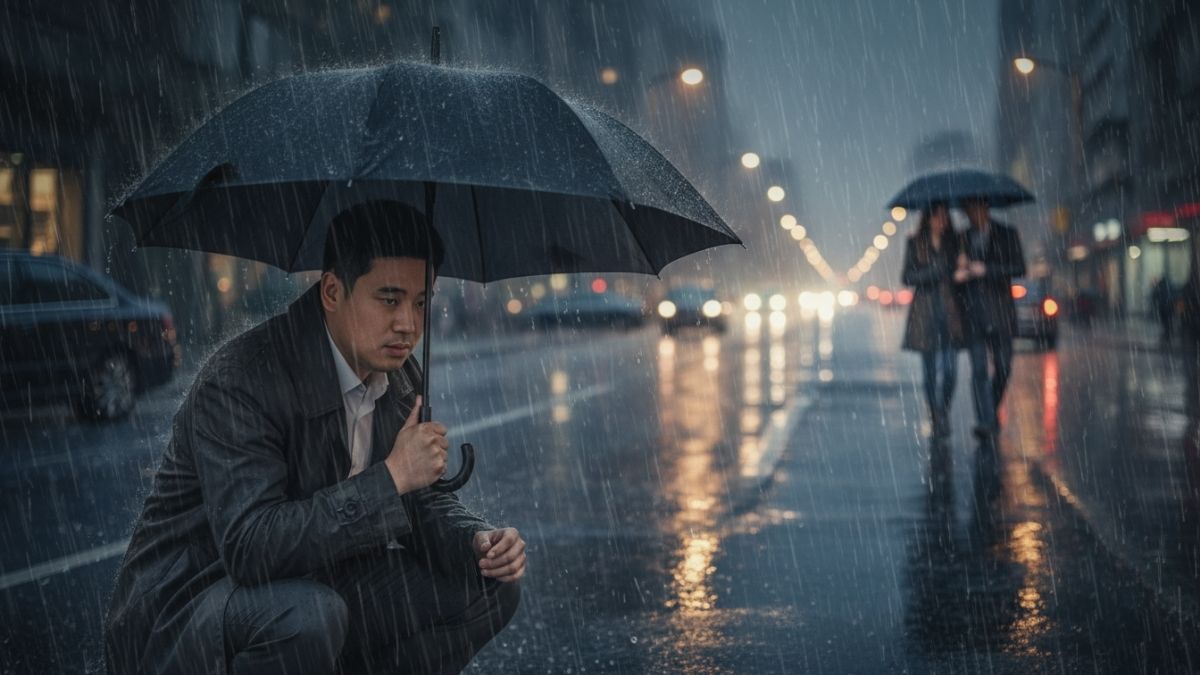 비오는날 우산을 들고 거리에 앉아 고민하는 고탐정 