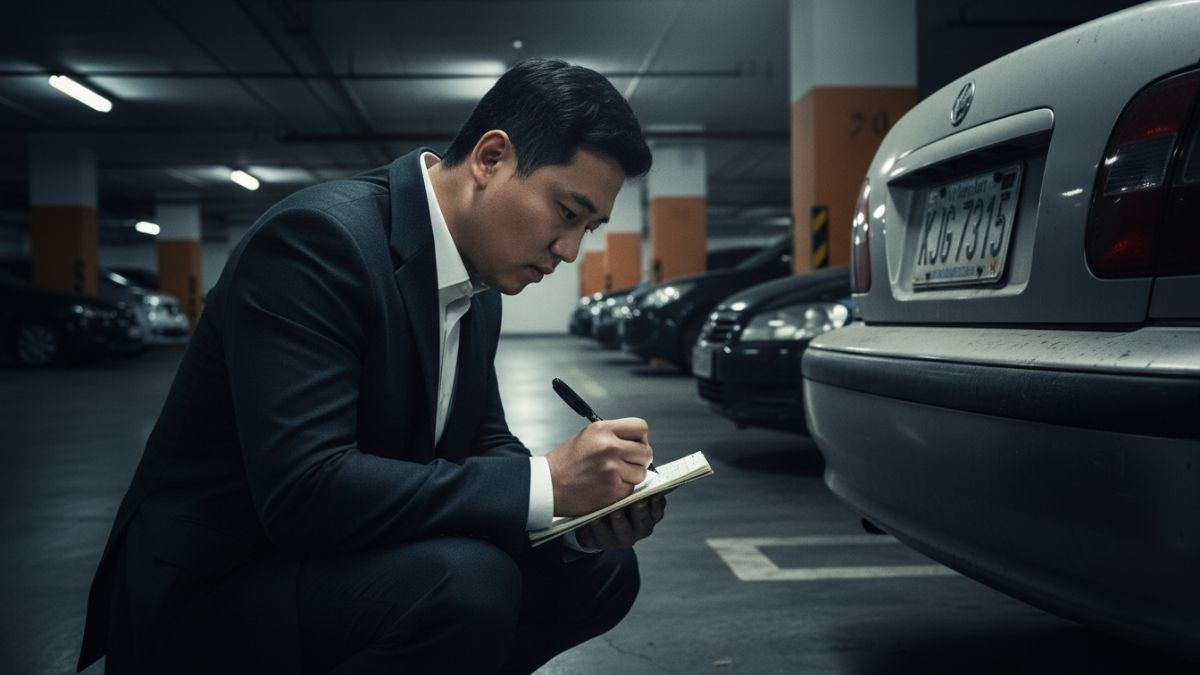 주차장에서 차량 번호를 확인하고 있는 고탐정 