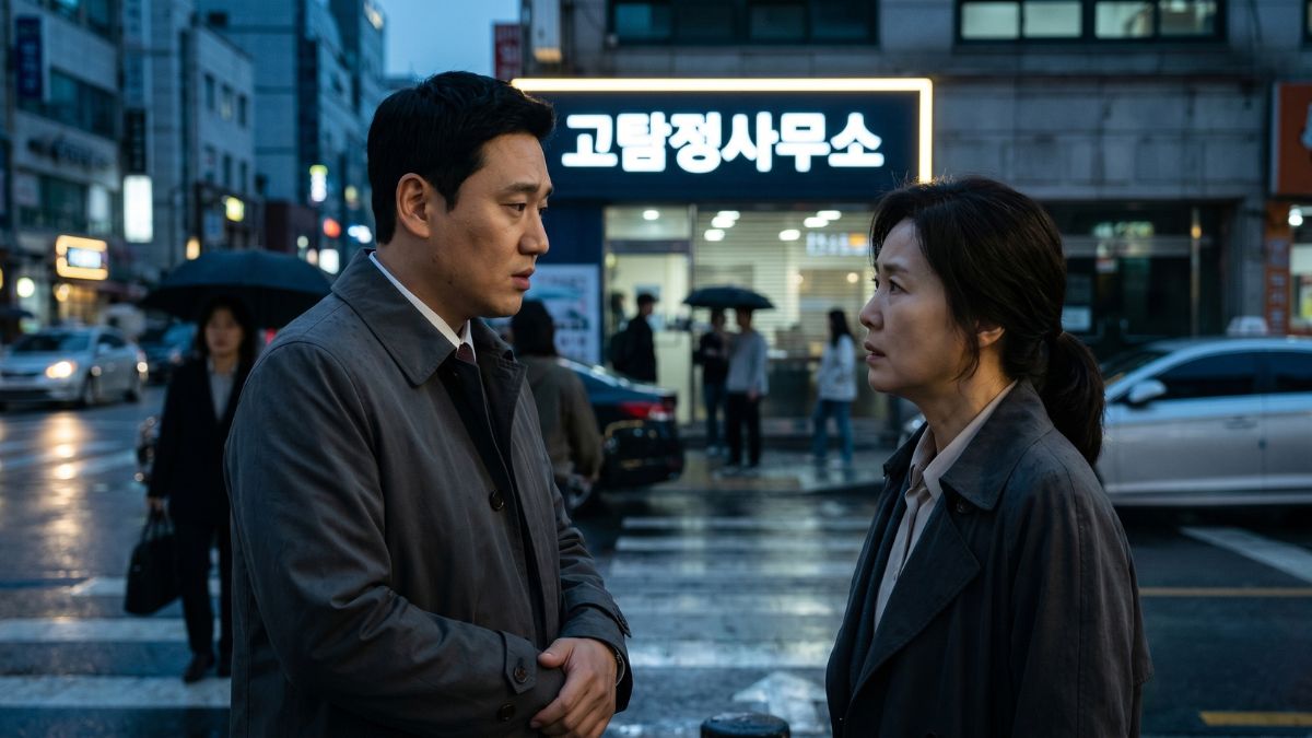 고탐정사무소 앞에서 의뢰인과 대화하고 있는 고탐정