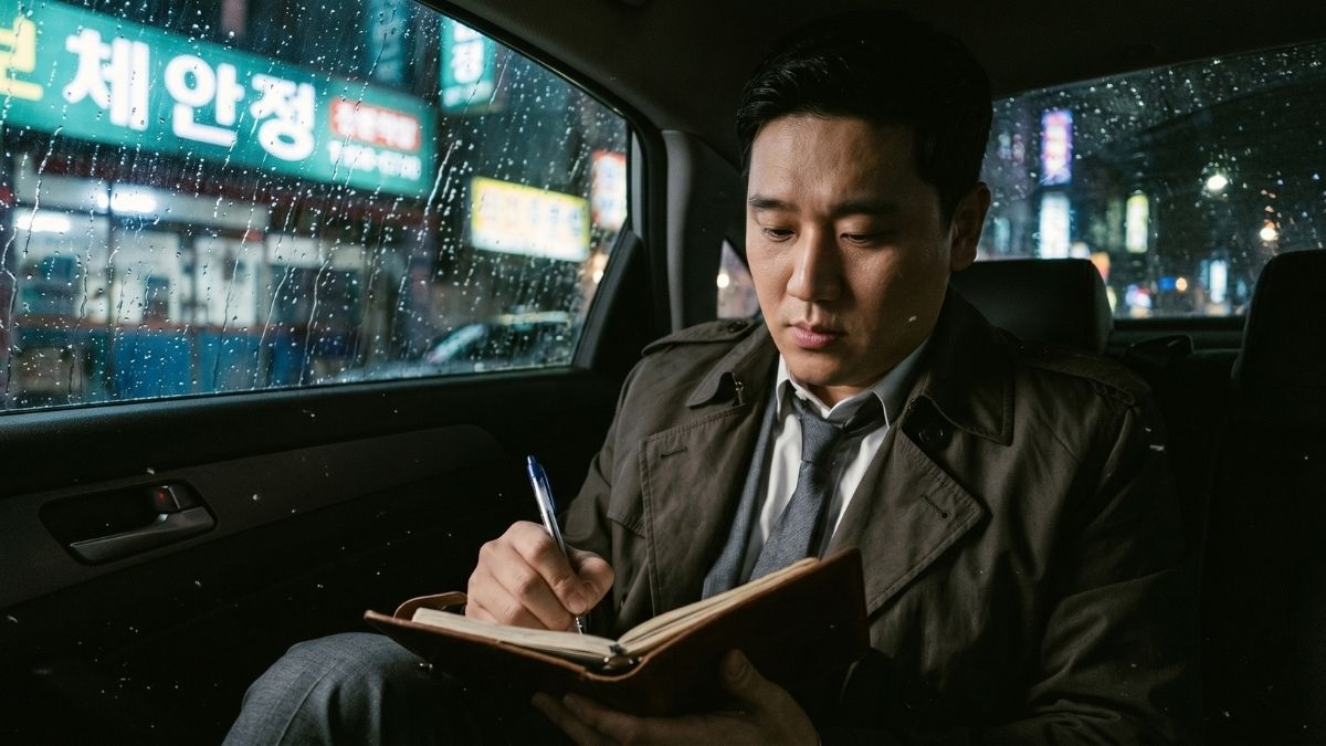 차량이동중 수첩에 무언가 적고있는 고탐정 