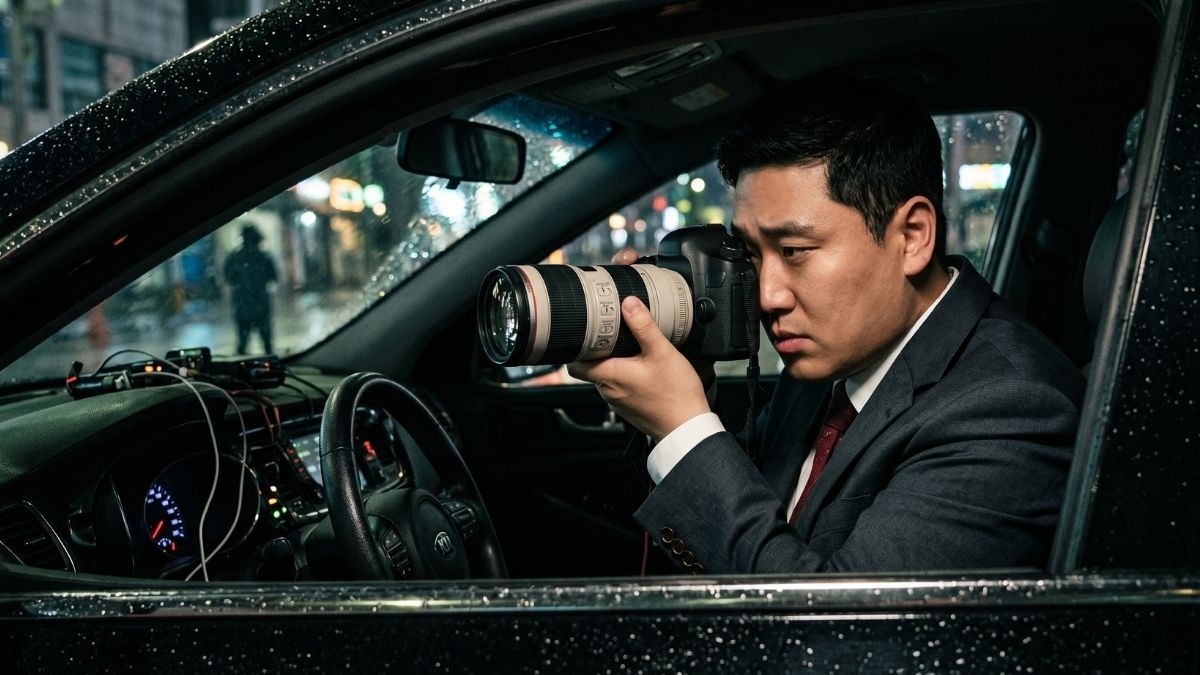 차량에서 사진기로 증거를 수집하고 있는 고탐정 
