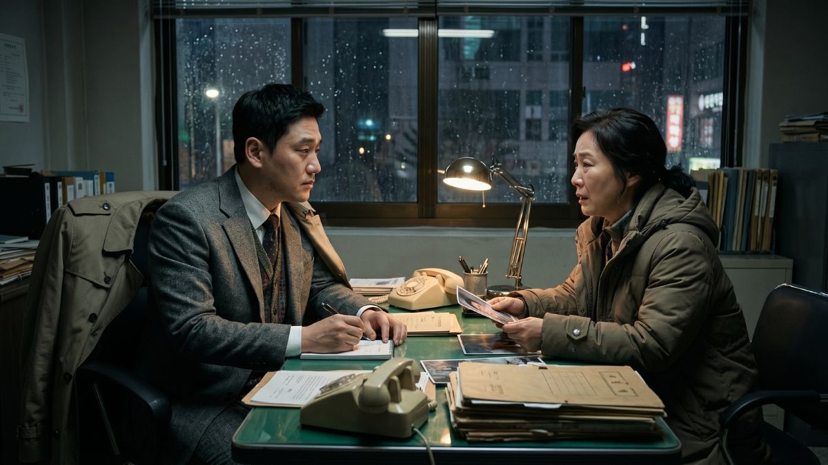 여성의뢰인과 대화하고 있는 고탐정 