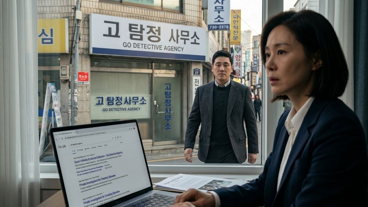 고탐정사무소 외관 앞에 걸어가는 고탐정