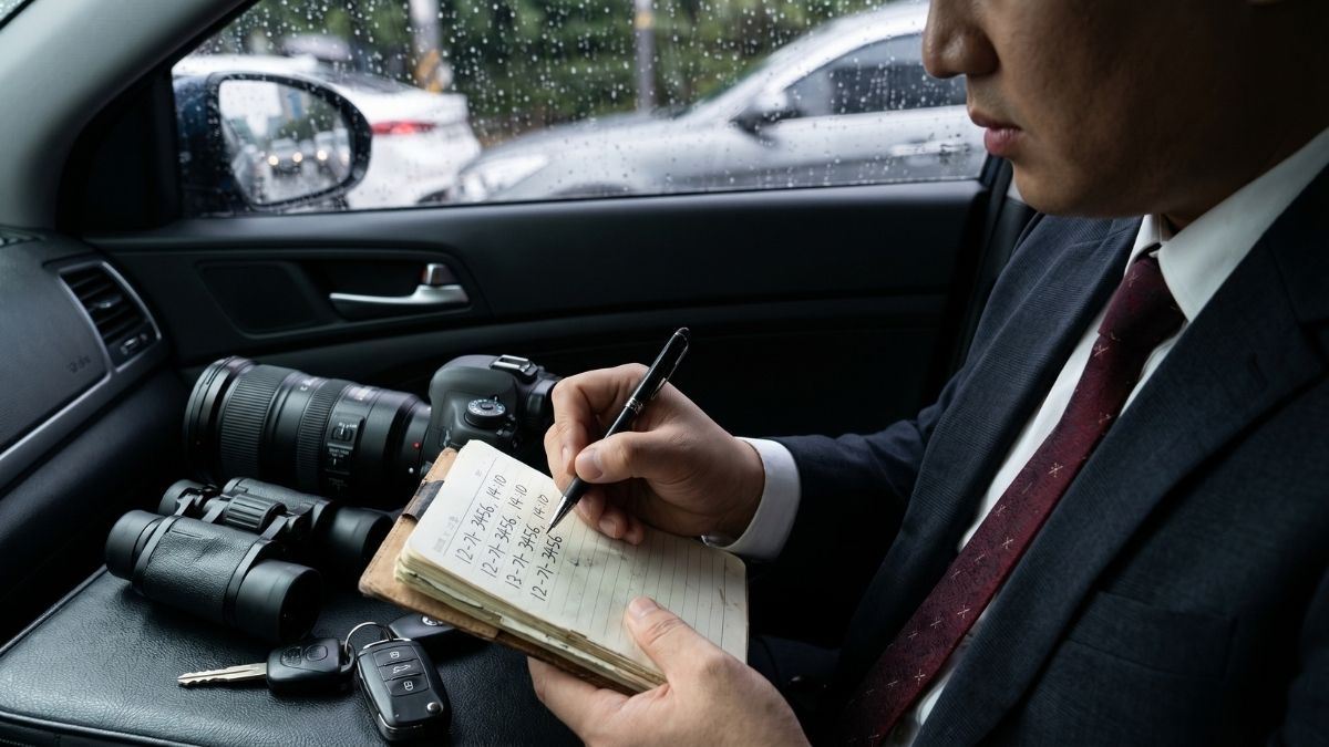 차량안에서 엄무 수행에 필요한 일지를 적는 고탐정 