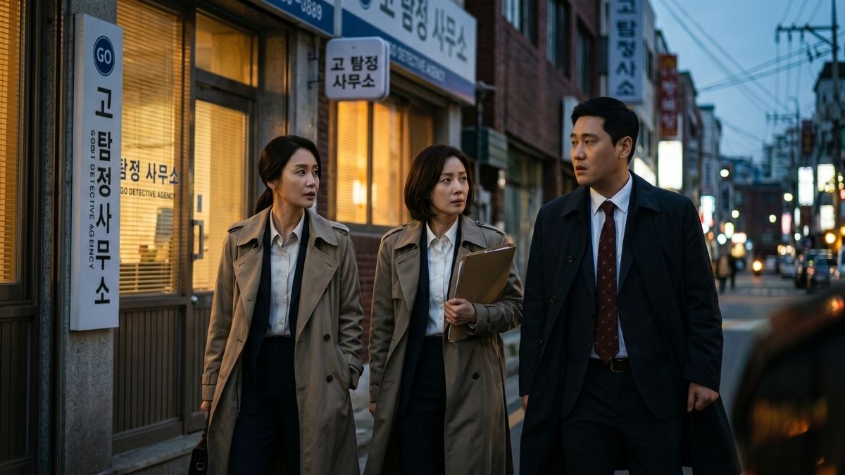 고탐정사무소 간판이 보이는 앞 거리를 걸어가는 고탐정과 탐정사무소 직원들 