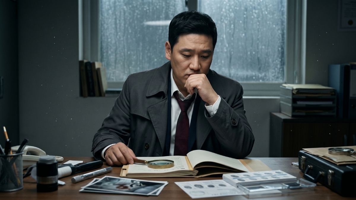 증거수집된 자료를 보고 있는 고탐정 