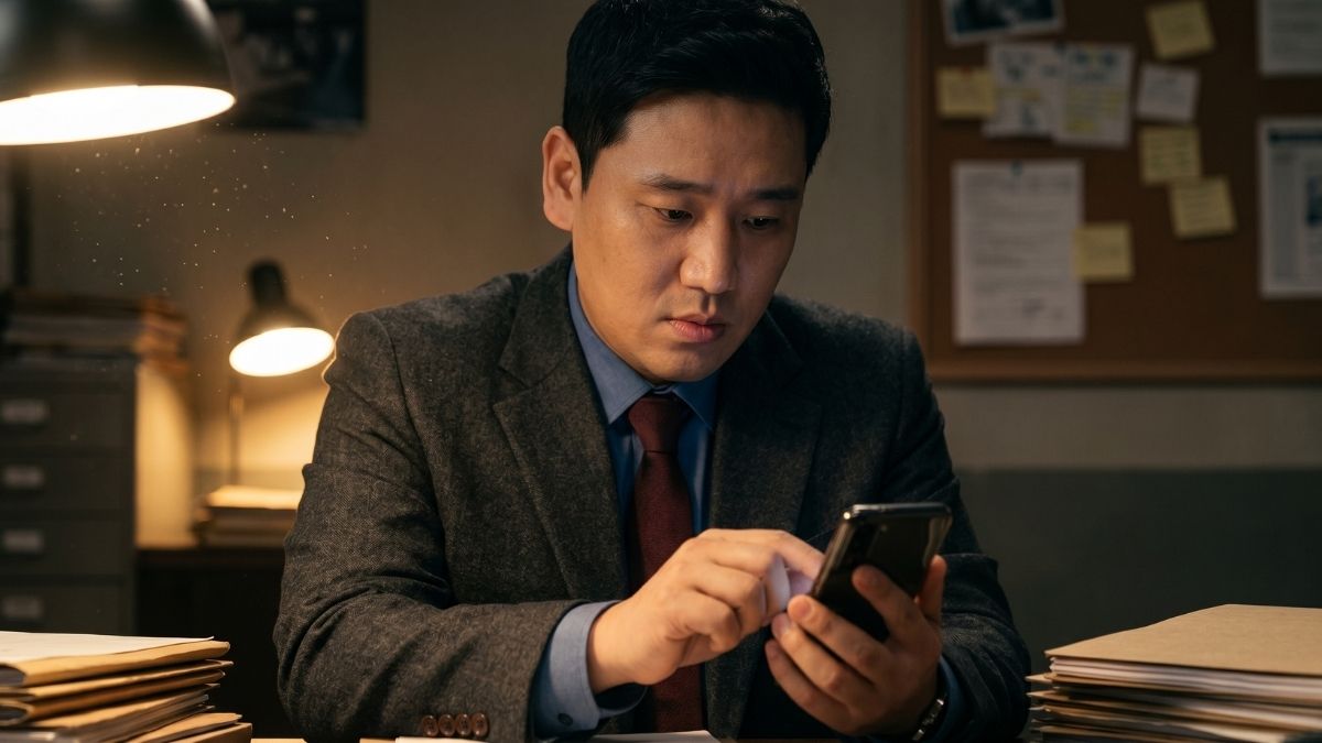 탐정사무소에서 핸드폰을 만지는 고탐정 