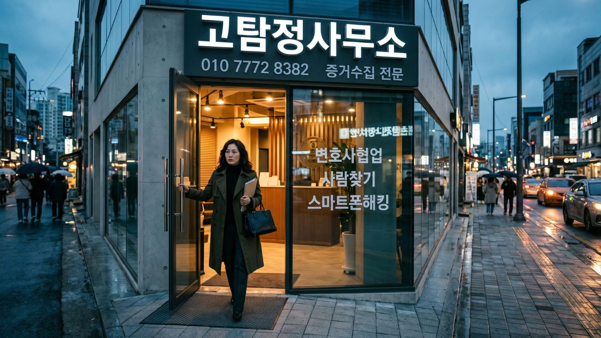 고탐정사무소에서 의뢰를 하고 나오는 여자