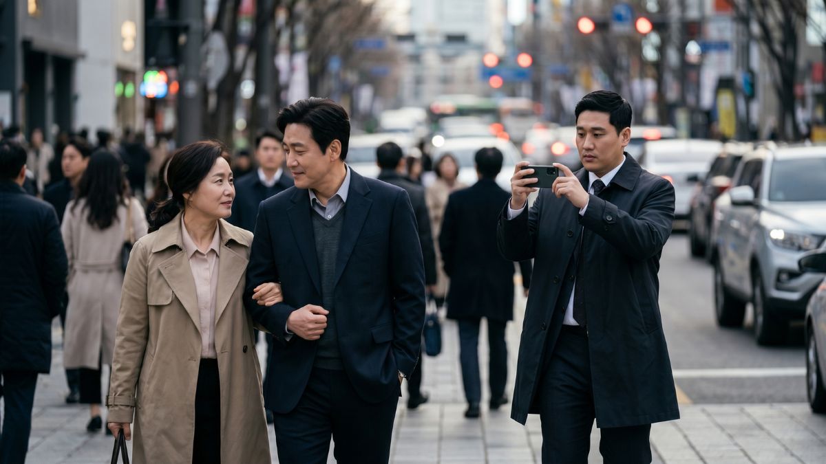 사람들이 많이 다니는 거리에서 불륜커플이 팔짱끼고 걸어가는 뒷모습을 사진찍는 고탐정