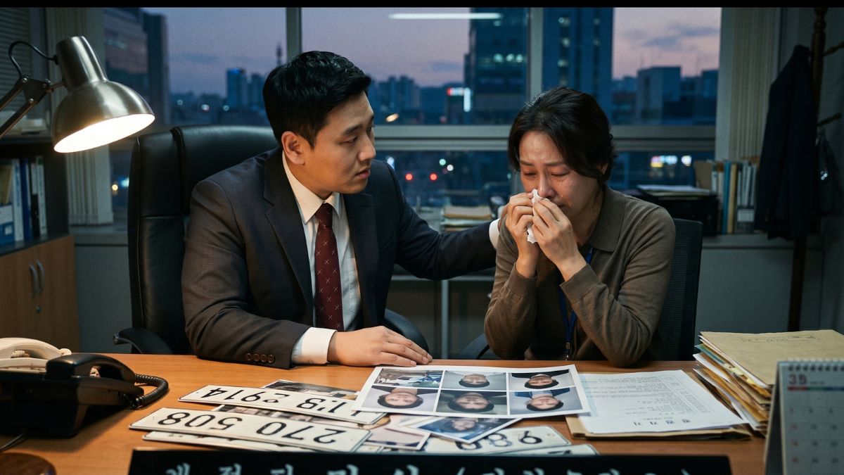 의뢰인과 조사 결과를 보고하면서 위로하는 고탐정