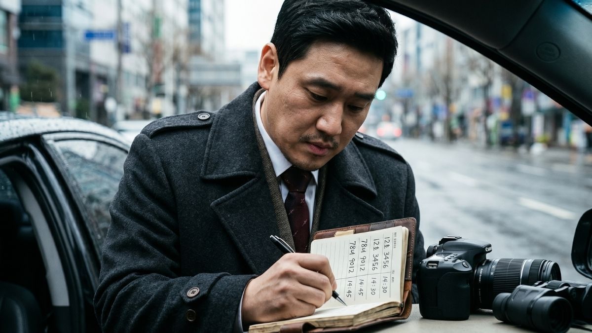 임무수행중 수첩에 무언가를 적고 있는 고탐정