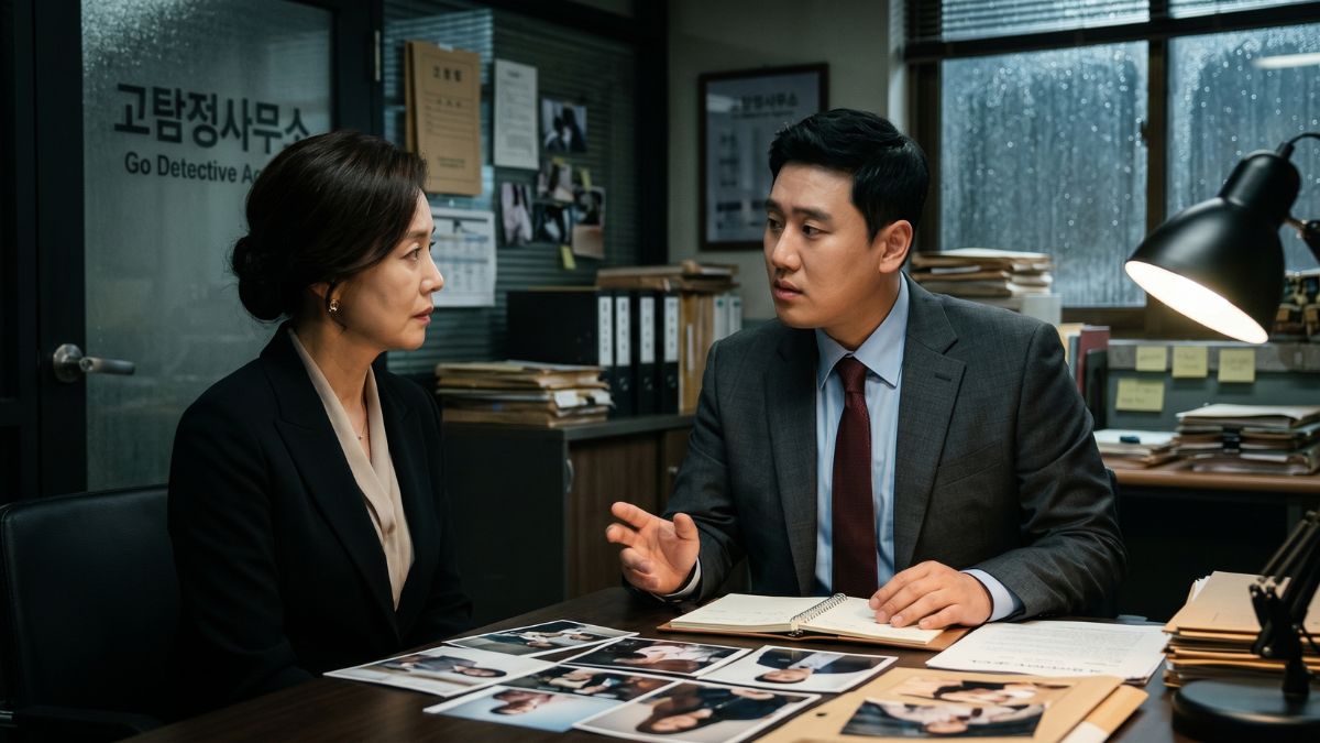 탐정사무소에서 의뢰방식을 설명하고 있는 고탐정