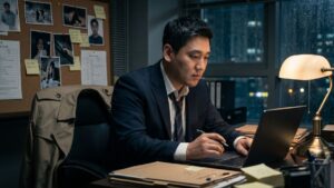 사무실에 앉아 컴퓨터를 하고 있는 고탐정