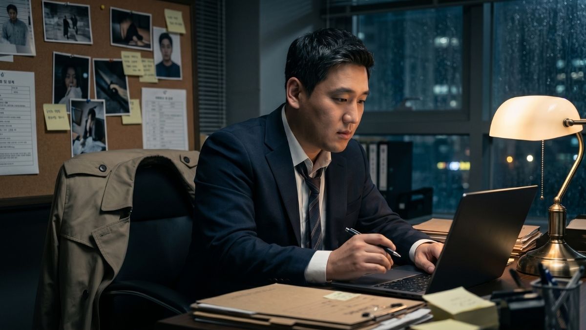사무실에 앉아 컴퓨터를 하고 있는 고탐정
